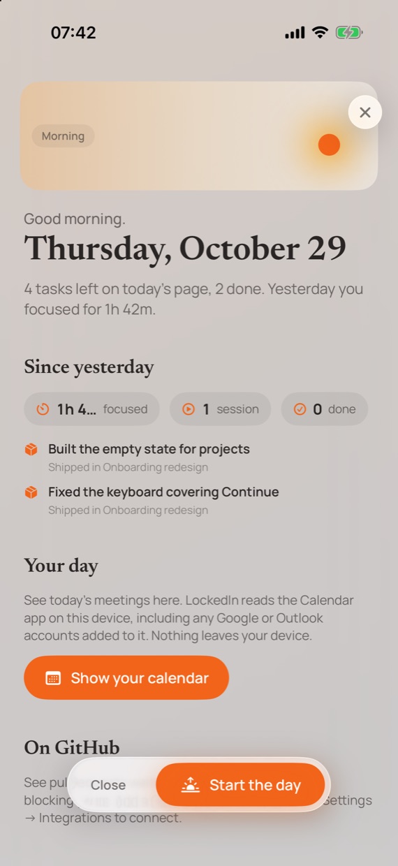 Today's Brief on iPhone: Thursday, October 29, with yesterday's focus time, finished tasks, and today's calendar