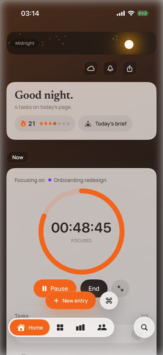 LockedIn on iPhone: a 48 minute session on Onboarding redesign with a 21 day streak and today's brief